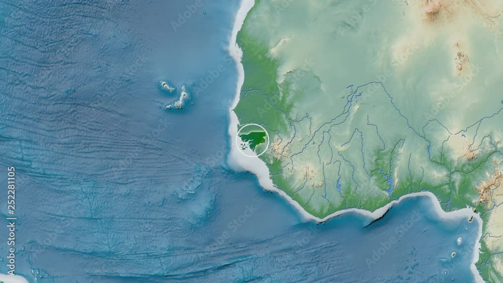 Guinea Bissau area presented against the global physical map in the Kavrayskiy VII projection with animated oblique transformation Guinea Bissau area presented against the global physical map in the Kavrayskiy VII projection with animated oblique transformation