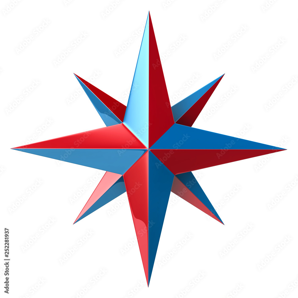 Blue and red compass rose 3d illustration on white background Blue and red compass rose 3d illustration on white background
