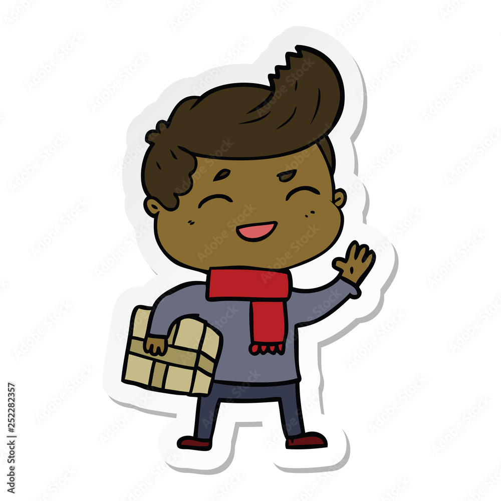 sticker of a cartoon man laughing carrying parcel sticker of a cartoon man laughing carrying parcel