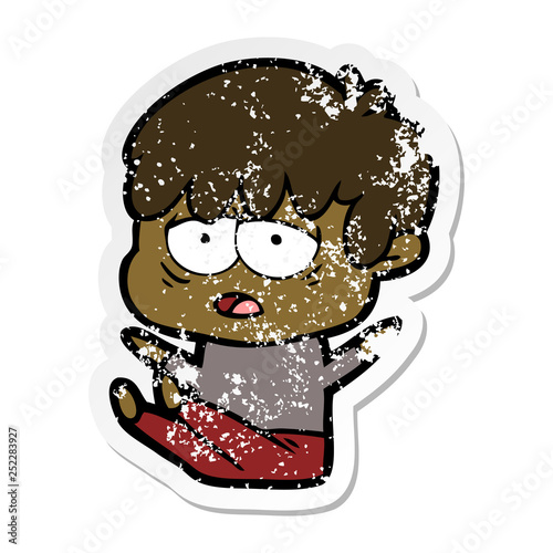 distressed sticker of a cartoon exhausted boy