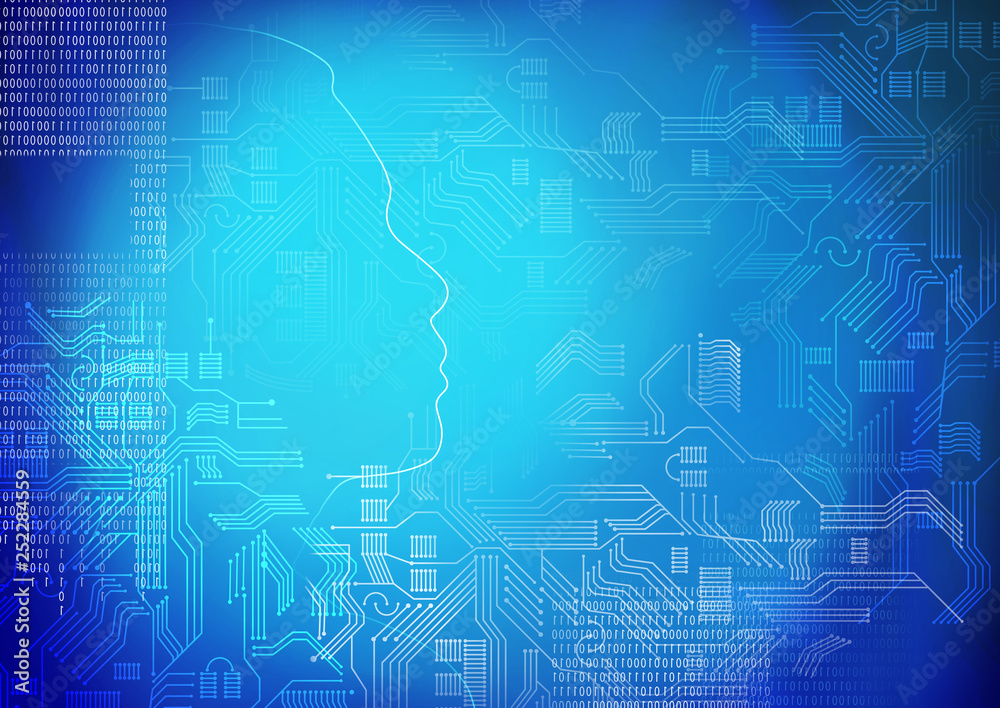 head outline with circuit board and number binary digit on blue background, Artificial intelligence or ai concept head outline with circuit board and number binary digit on blue background, Artificial intelligence or ai concept
