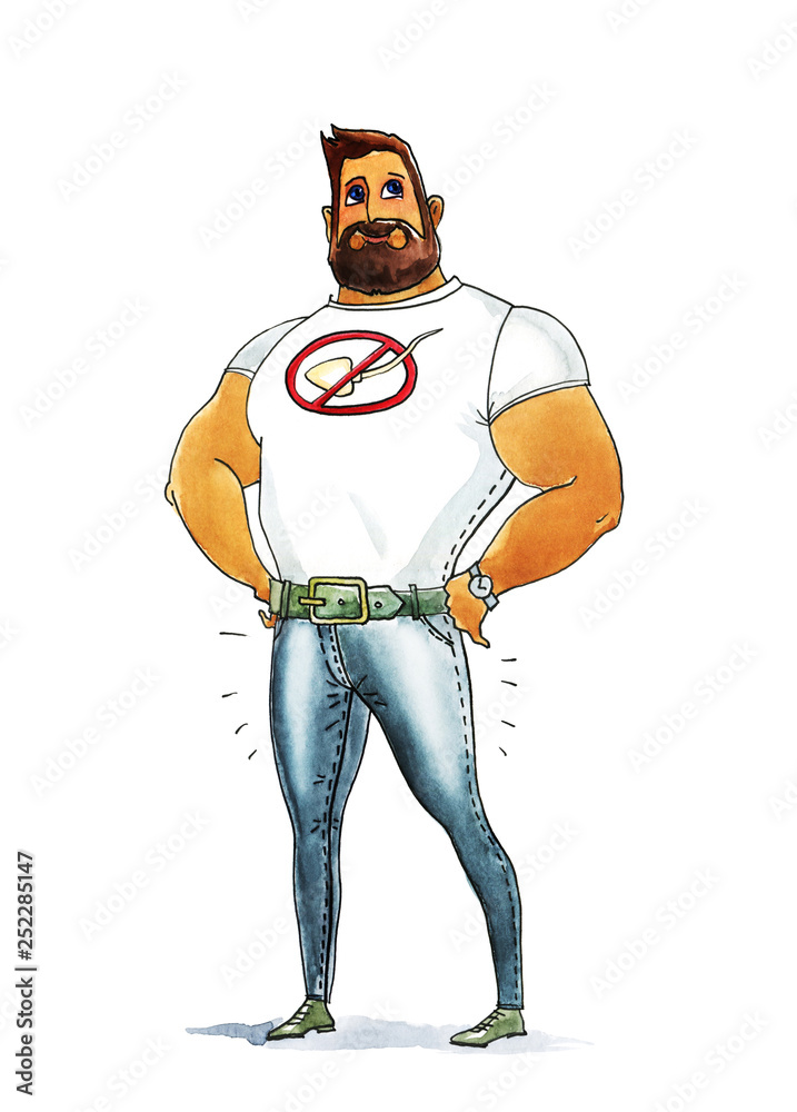 Male contraception. Hipster in too tight jeans. Outdoors. Graphic drawing watercolor