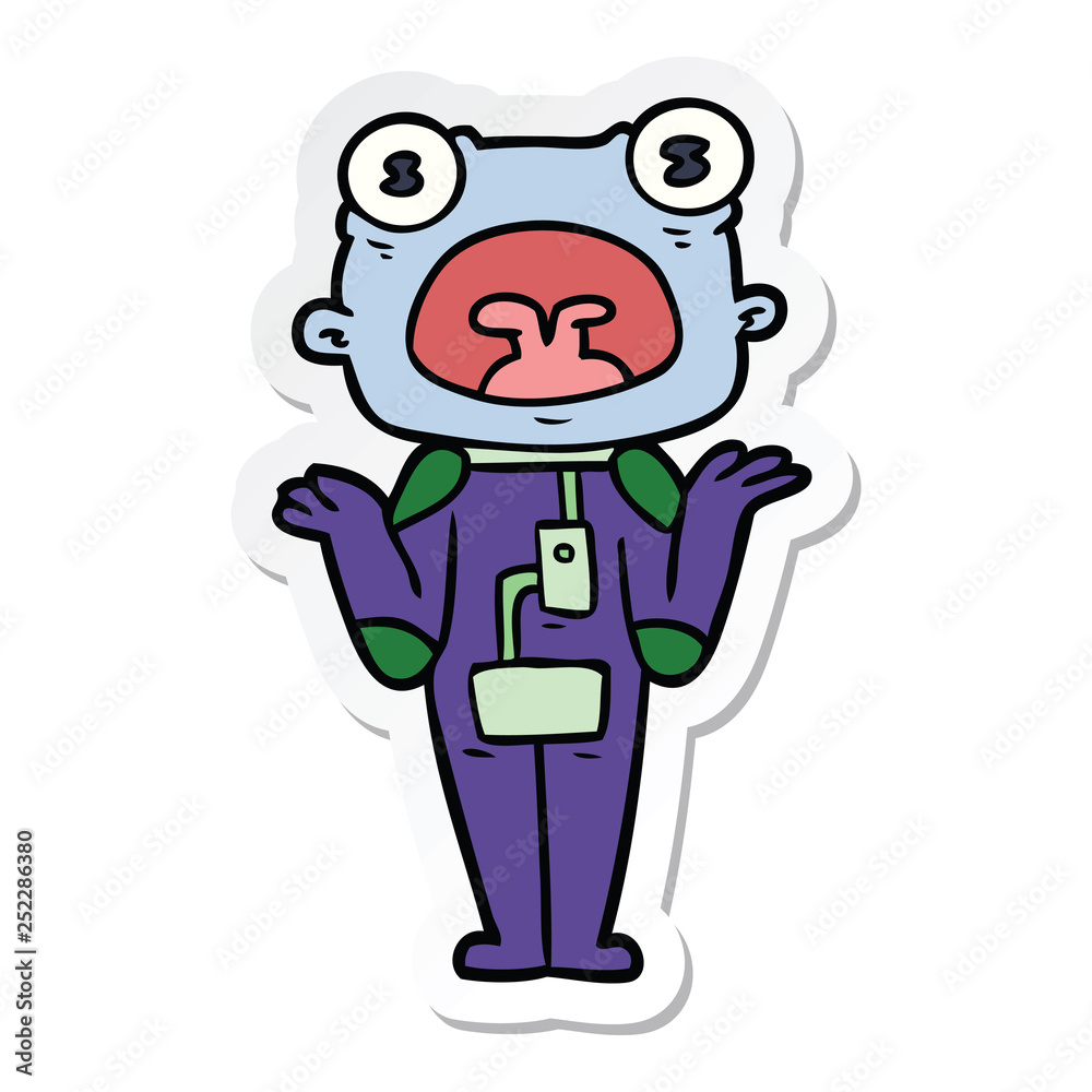 sticker of a cartoon weird alien shrugging shoulders sticker of a cartoon weird alien shrugging shoulders