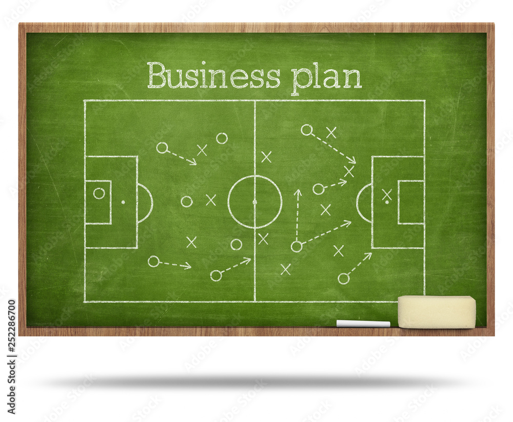 Fototapeta premium Business plan text and soccer fied on blackboard