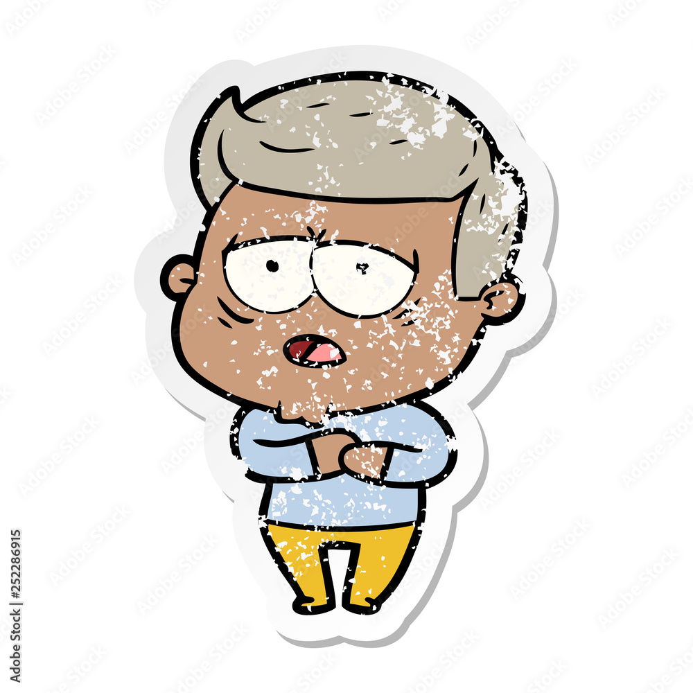 distressed sticker of a cartoon tired man distressed sticker of a cartoon tired man