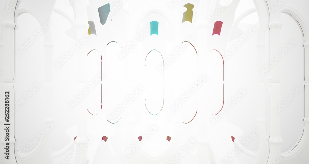 Abstract white and colored gradient smooth glasses gothic interior. 3D illustration and rendering.