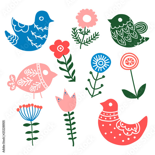 Colorful vector set of ethnic hand drawn flowers and birds. Design elements