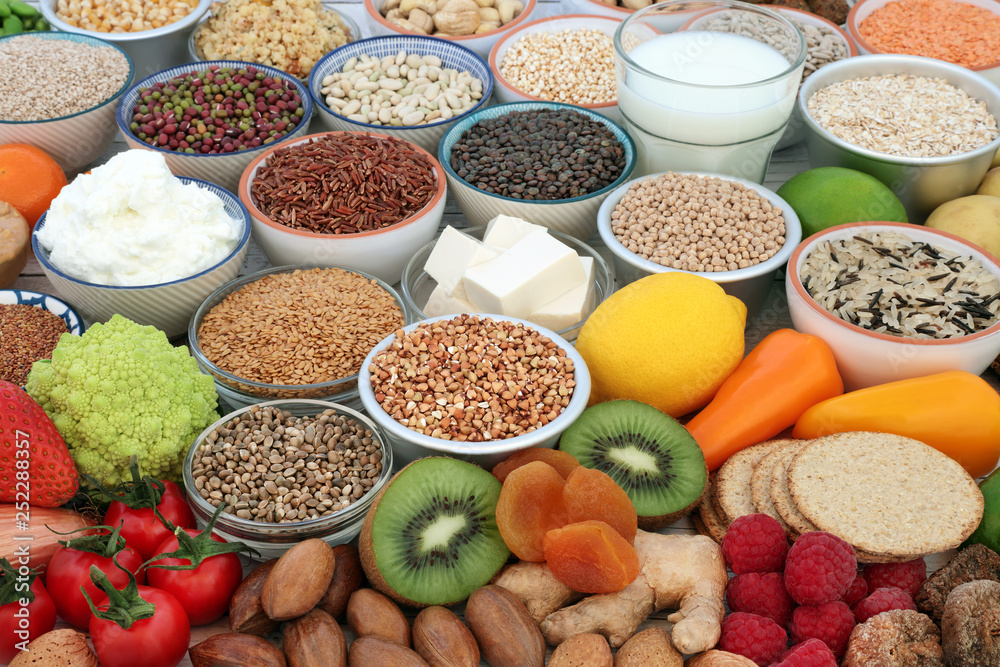 Health food for vegans with almond milk & yoghurt, tofu bean curd