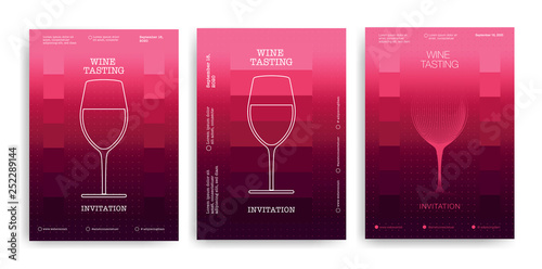 Set of designs for events, parties, tastings or wine celebrations. Elegant design with icon and wine glass illustration. Background red wine colors.