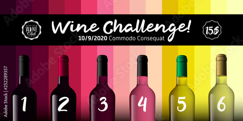 Design idea for party, tasting or wine challenge. Background wine colors in colored mosaic. Illustration of bottles of red, white and rose wine