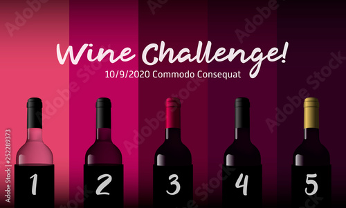 Design idea for party, tasting or wine challenge. Background wine colors in colored stripes. Illustration of red and rose wine bottles.