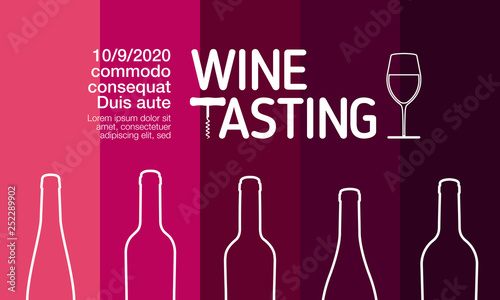 Design idea for party, tasting or wine challenge. Background wine colors in colored stripes. Silhouette of wine bottles.
