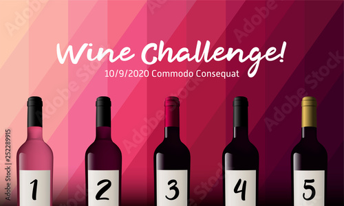 Design idea for party, tasting or wine challenge. Background wine colors in colored stripes. Illustration of red and rose wine bottles.