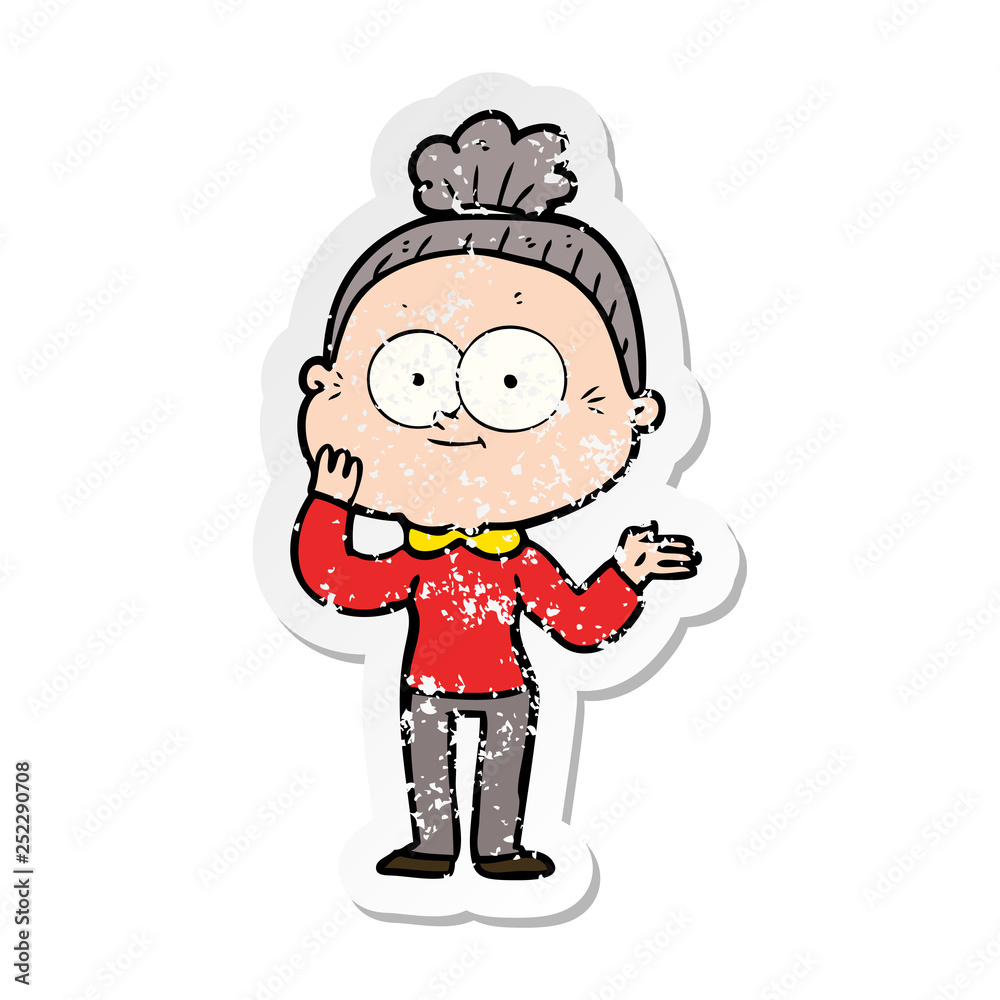 distressed sticker of a cartoon happy old woman distressed sticker of a cartoon happy old woman
