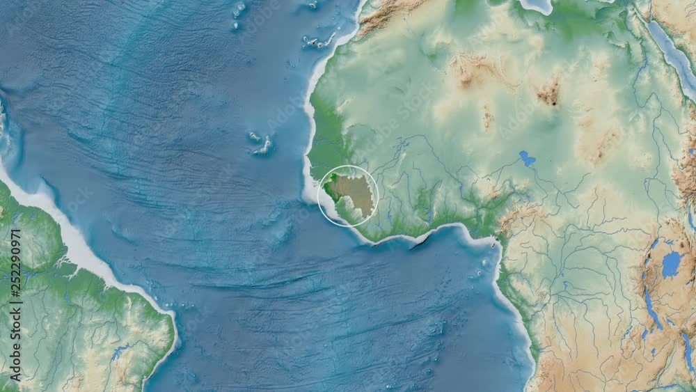 Guinea area presented against the global physical map in the Kavrayskiy VII projection with animated oblique transformation