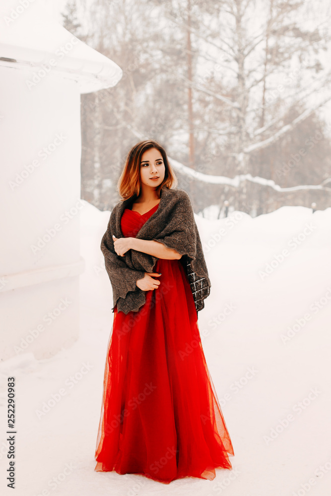 Beautiful girl in a long dress and a woolen shawl on her shoulders in the  winter on the street near the temple. Stock Photo | Adobe Stock
