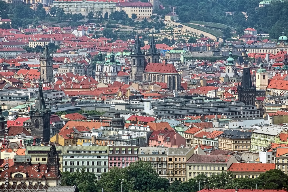 View of the Old Town of Prague from the observation deck at Zizkov Television Tower, Czech Republic