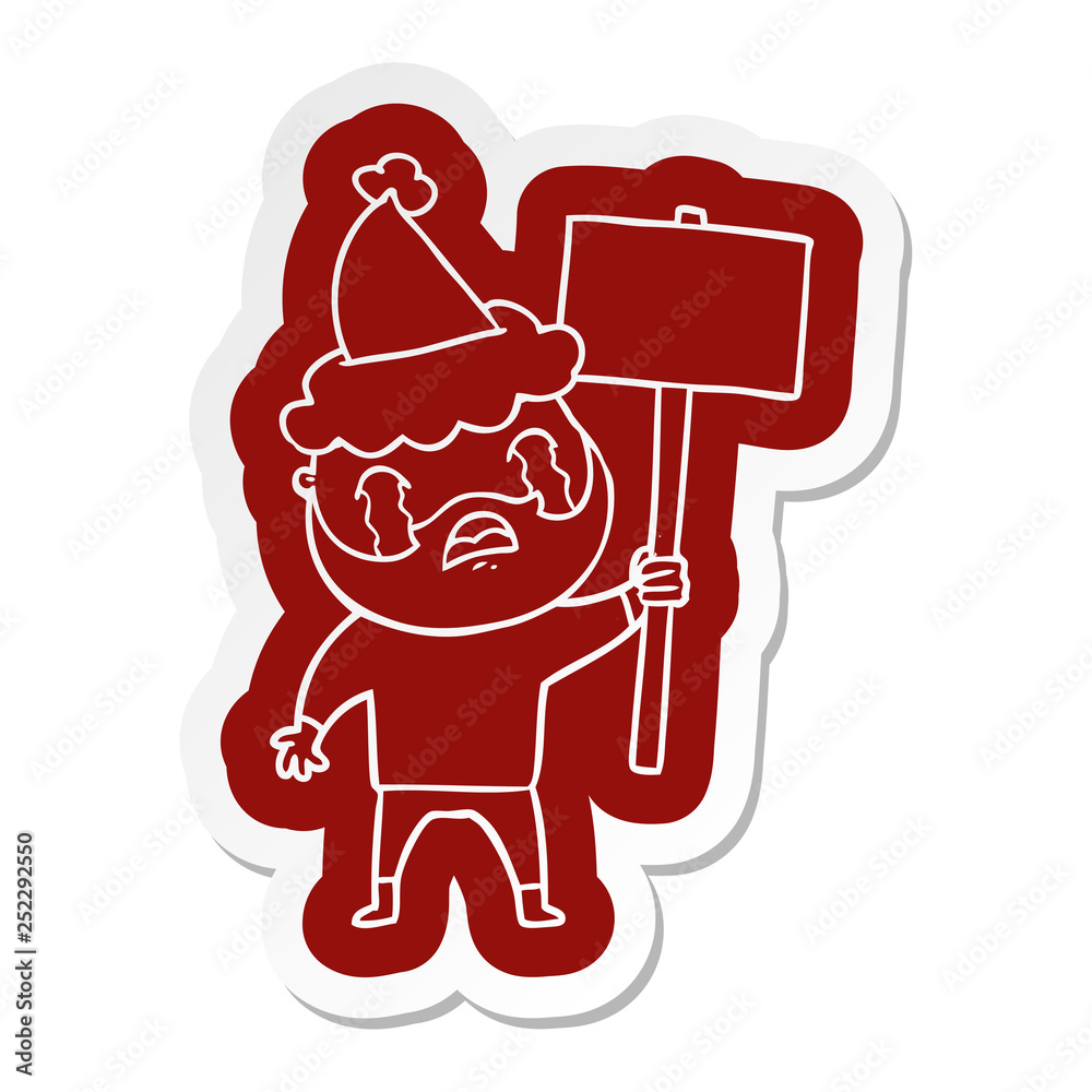 cartoon sticker of a bearded protester crying wearing santa hat cartoon sticker of a bearded protester crying wearing santa hat