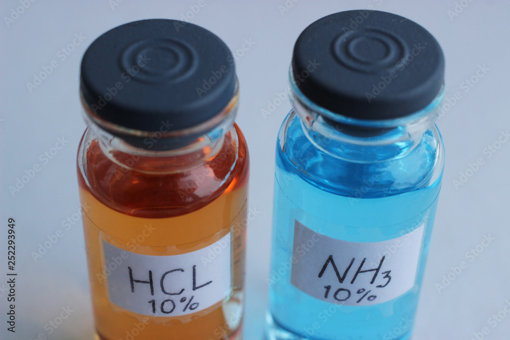 Aqueous solutions of hydrochloric acid and ammonia concentration of 10