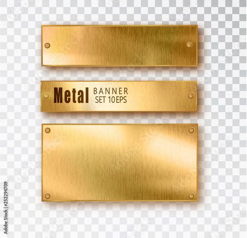 Metal gold banners set realistic. Vector Metal brushed plates with a place for inscriptions isolated on transparent background. Realistic 3D design. Stainless steel background.