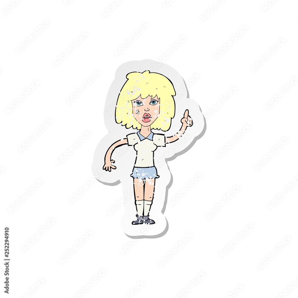 retro distressed sticker of a cartoon tough woman with idea retro distressed sticker of a cartoon tough woman with idea