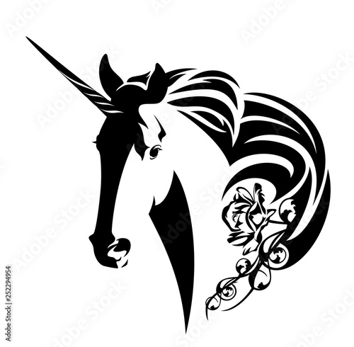 mythical unicorn horse head with rose flower in mane - black and white magical stallion vector design