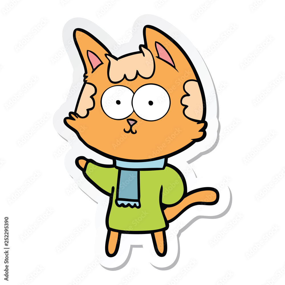 sticker of a happy cartoon cat in winter clothes sticker of a happy cartoon cat in winter clothes
