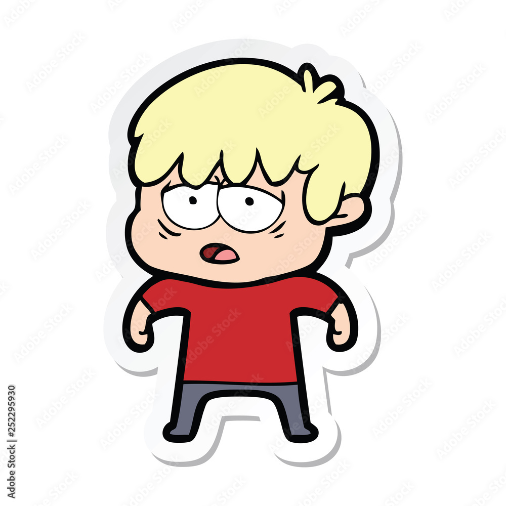sticker of a cartoon exhausted boy sticker of a cartoon exhausted boy