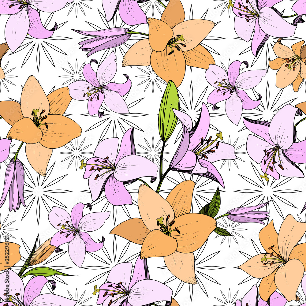 Vector Lily floral botanical flower. Engraved ink art. Seamless background pattern. Fabric wallpaper print texture. Vector Lily floral botanical flower. Engraved ink art. Seamless background pattern. Fabric wallpaper print texture.