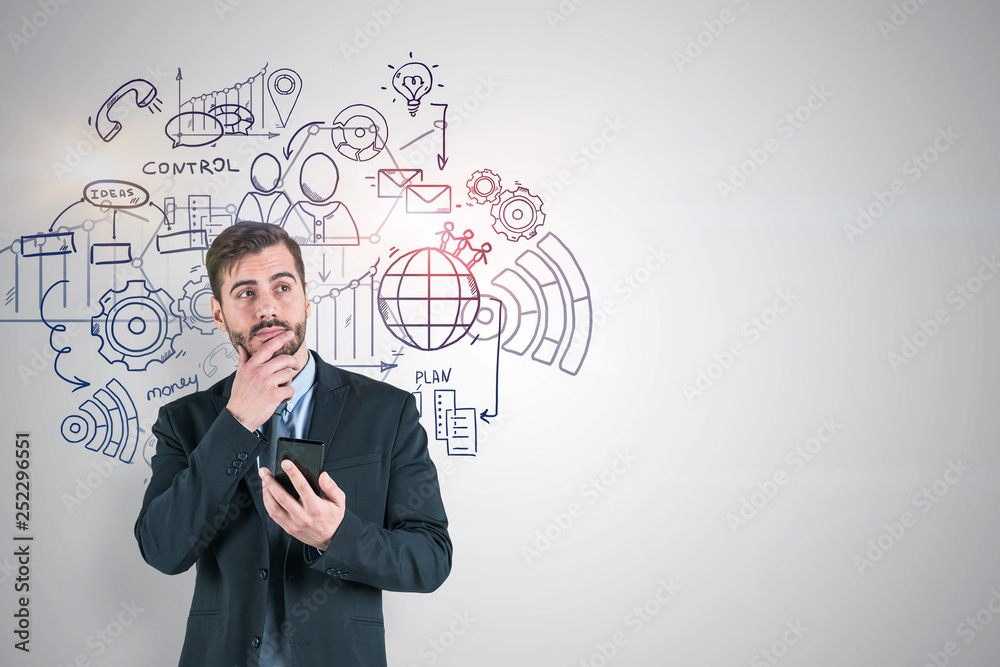 Pensive man with smartphone, internet icons Pensive man with smartphone, internet icons