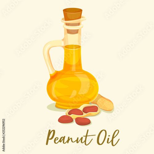 Groundnut or peanut oil in bottle or jar near nut