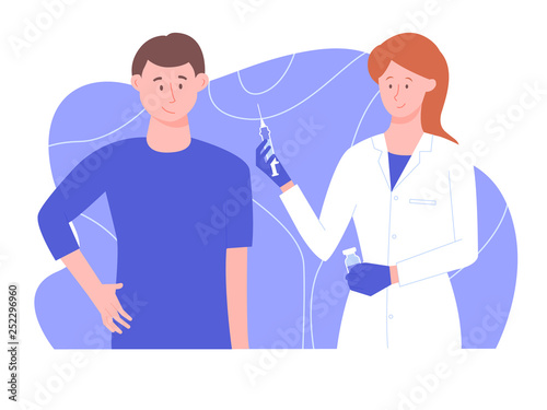 The man at the reception at the doctor. Health check, immunity improvement, treatment of diseases. Woman holds a syringe. Vector illustration.