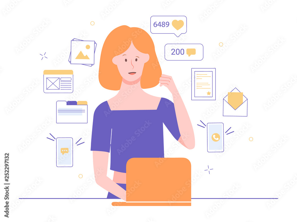 The girl in a condition of a deadline works on the laptop. Around the elements: pictures, likes, new messages, certificate, letter, incoming call, folder, site layout. Vector illustration. The girl in a condition of a deadline works on the laptop. Around the elements: pictures, likes, new messages, certificate, letter, incoming call, folder, site layout. Vector illustration.