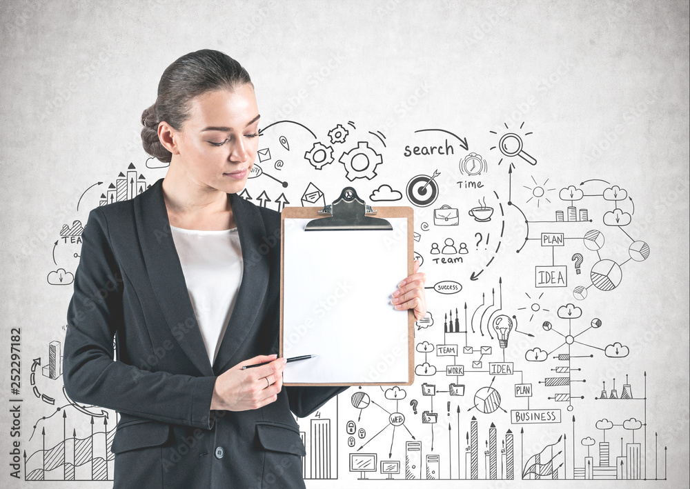 Businesswoman with clipboard, business plan Businesswoman with clipboard, business plan