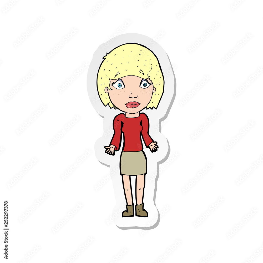 sticker of a cartoon woman shrugging shoulders sticker of a cartoon woman shrugging shoulders