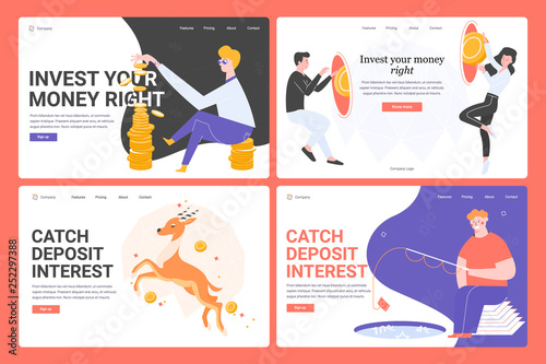 Concept of landing webpage template. Investments, finance and capital increase. Invest the money correctly, catch the interest on deposits. Set of four sites. Bright modern vector illustrations.