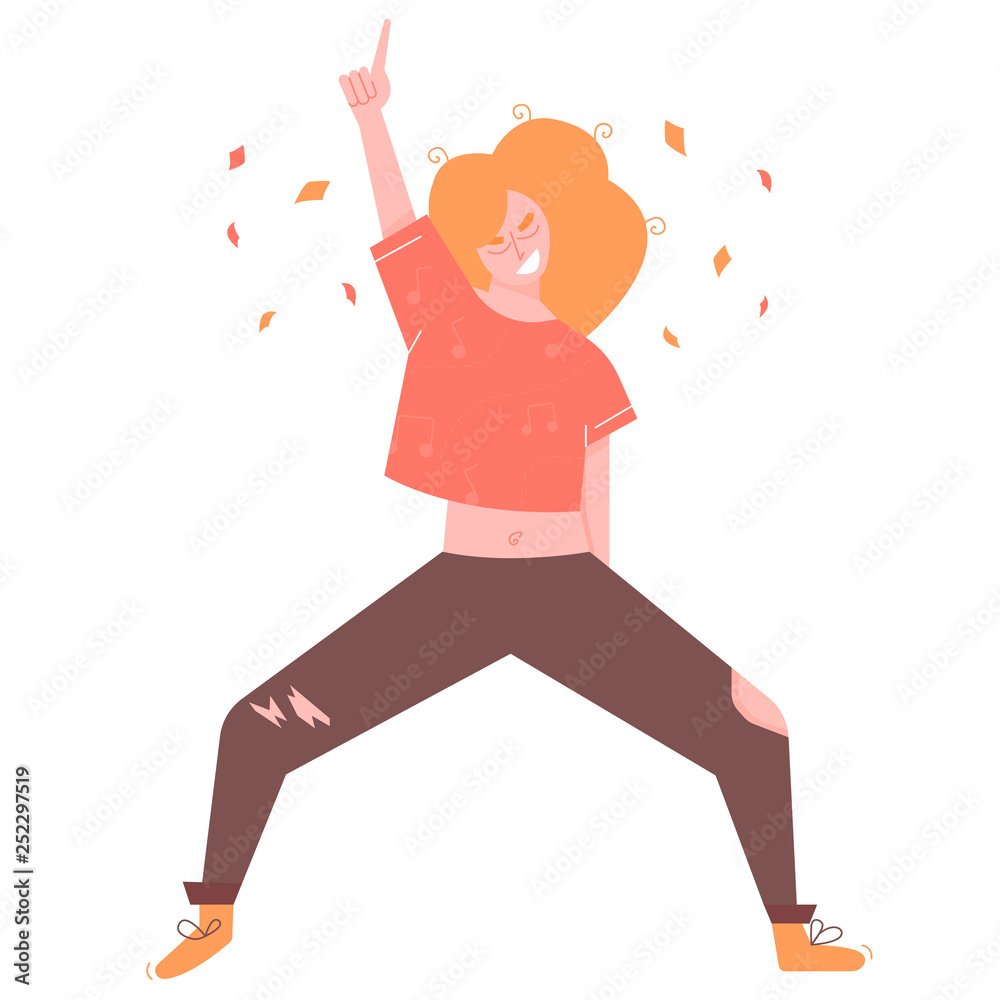 Bright teen girl. Odd character, dynamic posture. Joy, euphoria and thirst for life. Vector illustration isolated on white background.