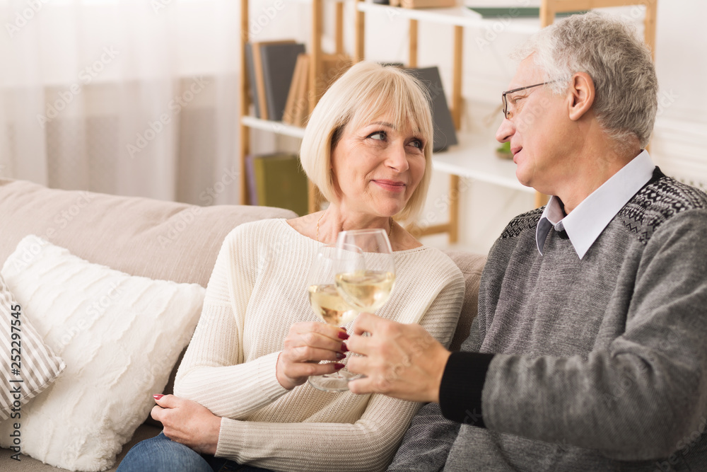 Senior couple clinking wine glasses and looking at each other Senior couple clinking wine glasses and looking at each other