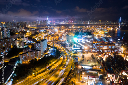 Top down view of Kwai Tsing Container Terminals in Hong Kong at night