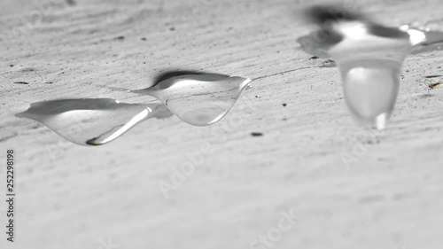 Drops of water fall from the plastered ceiling. Leak between floors of a house in need of repair. Flies and midges fly near the water.