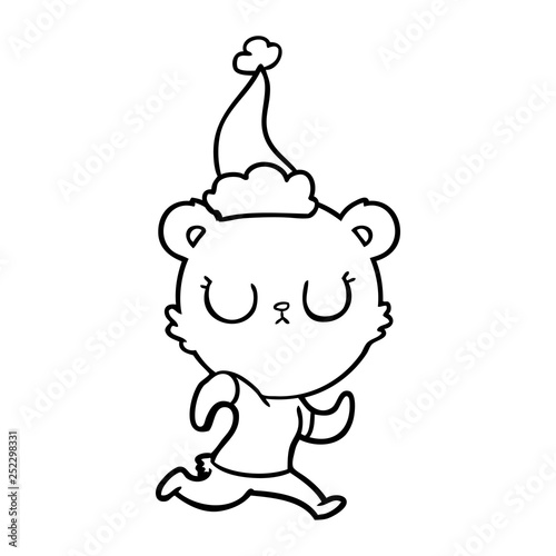 peaceful line drawing of a bear running wearing santa hat