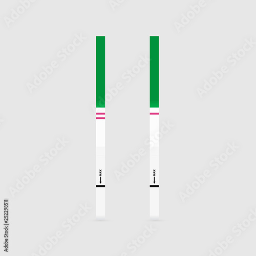 Realistic pregnancy test icon. Positive and negative pregnancy or ovulation strip tests isolated on white. Analysis of HCG results. Planning baby concept. Vector illustration. Easy to edit template.