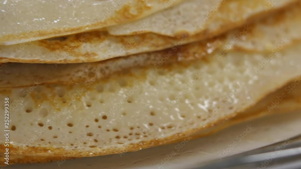 A Stack Of Hot Pancakes On Table. Slider Shot A Stack Of Hot Pancakes On Table. Slider Shot