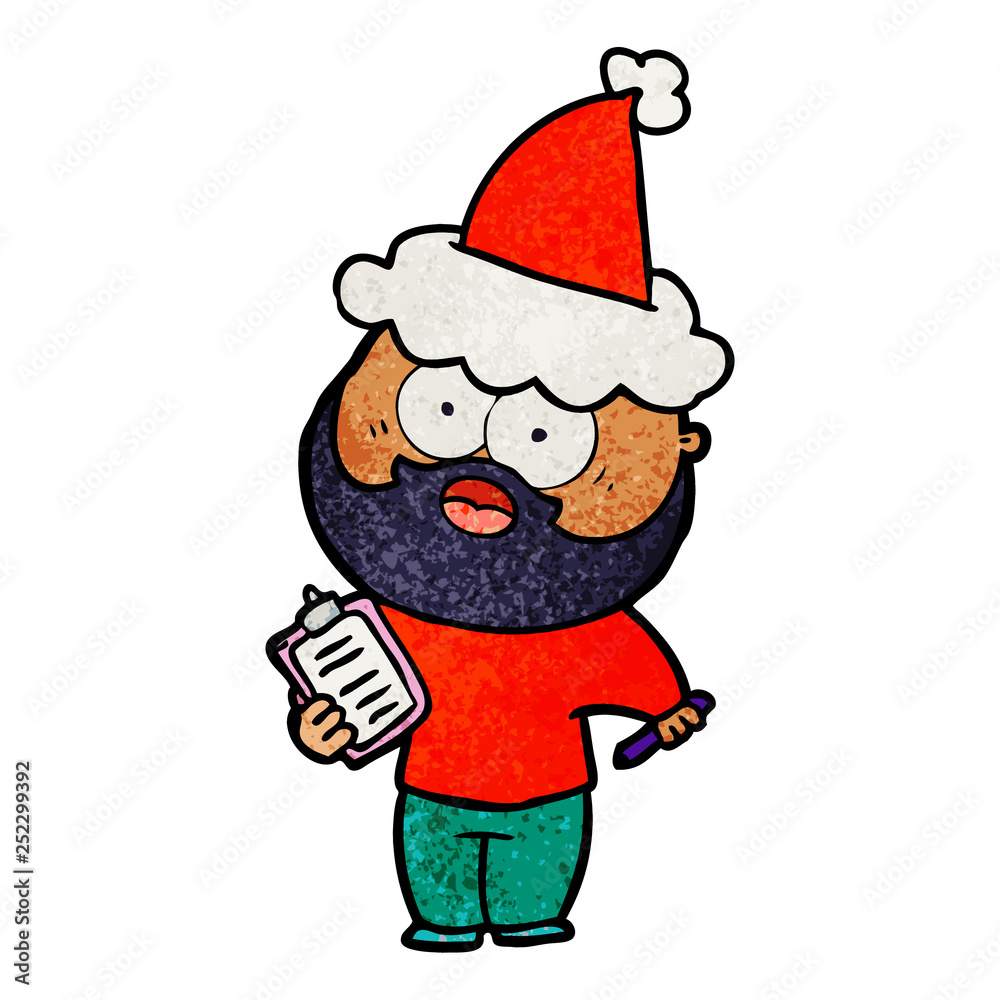 textured cartoon of a bearded man with clipboard and pen wearing santa hat textured cartoon of a bearded man with clipboard and pen wearing santa hat