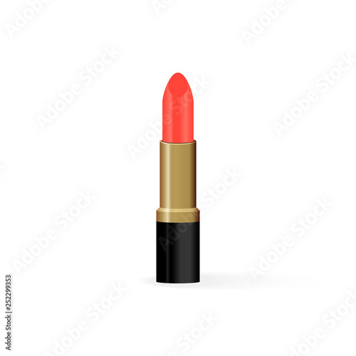 Realistic lipstick isolated on  white. Living coral color. Makeup accessory. Cosmetics vector illustration. Element of design for beauty salons, Fashion booklets, beauty bloggers, glamour catalogs.