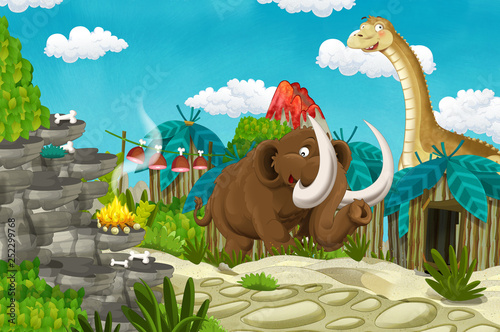 Obraz kreskówka wieś jaskiniowców z dyplomem wulkanu i dinozaura i mamuta w tle - ilustracja dla dzieci