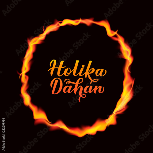 Holika Dahan  calligraphy hand  lettering  with fire fame on dark background. Indian Traditional Holi festival of colors. Hindu celebration poster. Vector template for party invitations, banners, etc.