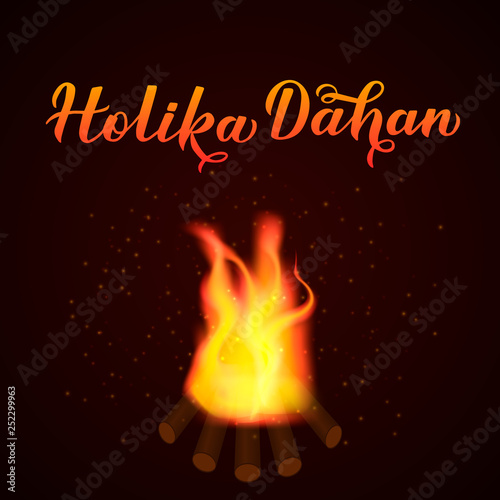 Holika Dahan  calligraphy hand  lettering  with fire on dark background. Indian Traditional Holi festival of colors. Hindu celebration poster. Vector template for party invitations, banners, flyers.
