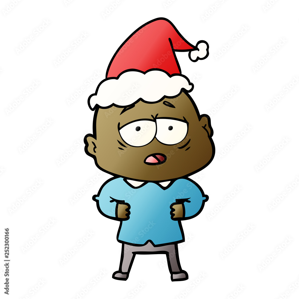 gradient cartoon of a tired bald man wearing santa hat gradient cartoon of a tired bald man wearing santa hat