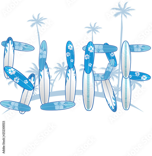 written with blue surfboards with palm tree.vector illustration